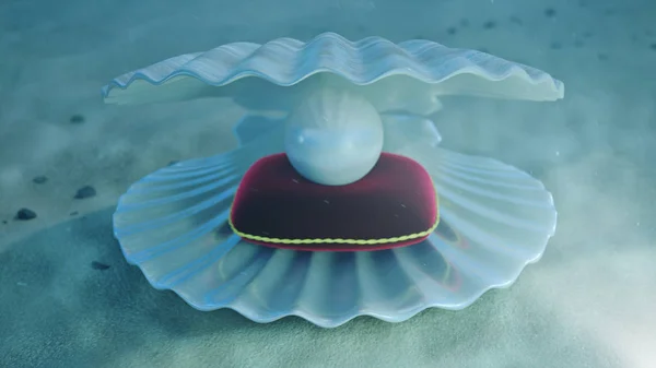 Mother of pearls underwater. Sea shell underwater with pearl inside and red velvet pillow. Oysters and pearls on the underwater sandy seabed. Sunlight beams and shine through water, 3D Illustration