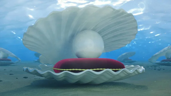 Mother of pearls underwater. Sea shell underwater with pearl inside and red velvet pillow. Oysters and pearls on the underwater sandy seabed. Sunlight beams and shine through water, 3D Illustration