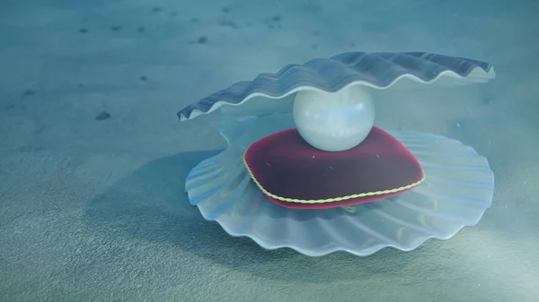 Mother of pearls underwater. Sea shell underwater with pearl inside and red velvet pillow. Oysters and pearls on the underwater sandy seabed. Sunlight beams and shine through water, 3D Illustration