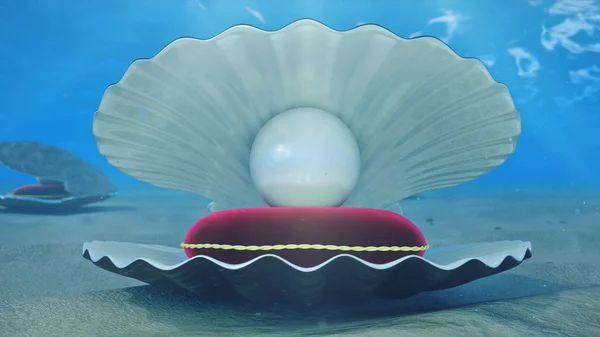 Mother of pearls underwater. Sea shell underwater with pearl inside and red velvet pillow. Oysters and pearls on the underwater sandy seabed. Sunlight beams and shine through water, 3D Illustration