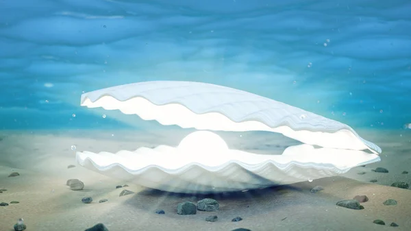 Mother of pearls underwater. Closed sea shell underwater self-luminous from the inside. Oysters and pearls on the underwater sandy seabed. Sunlight beams and shine through water, 3D Illustration