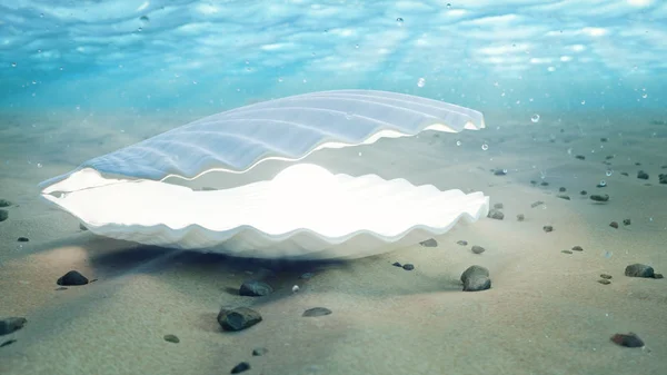 Mother of pearls underwater. Closed sea shell underwater self-luminous from the inside. Oysters and pearls on the underwater sandy seabed. Sunlight beams and shine through water, 3D Illustration