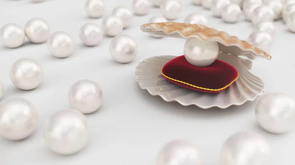 Seashell with pearls inside on red velvet pillow. Gems, womens jewelry, nacre beads. For your banner, poster, logo. Shiny sea pearls. Seashell, plurality of beautiful pearls, 3d illustration