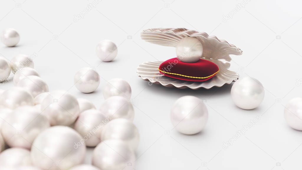 Sea shell with pearl on a soft red velvet pillow with a gold stroke. Beautiful pearl, expensive jewelry for women. Seashell, plurality of beautiful pearls. Beautiful shiny sea pearls, 3D illustration