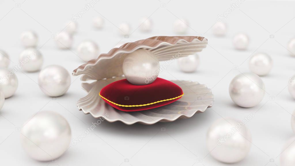 Seashell with pearls inside on red velvet pillow. Gems, womens jewelry, nacre beads. For your banner, poster, logo. Shiny sea pearls. Seashell, plurality of beautiful pearls, 3d illustration