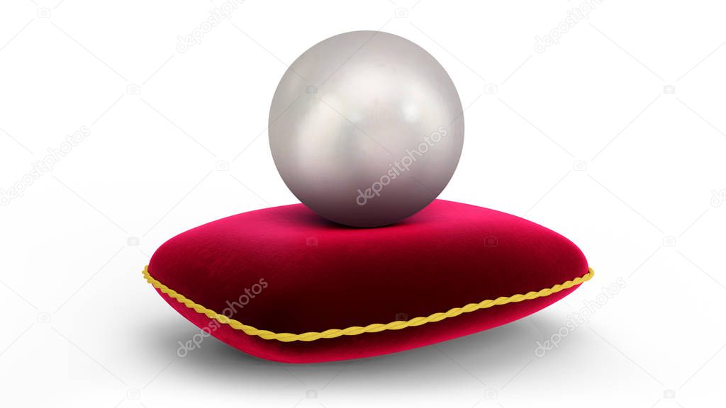 Single pearl on red velvet pillow. Gems, womens jewelry, nacre beads. For your banner, poster, logo. Shiny sea pearl isolated on white background. 3d illustration