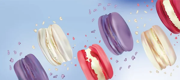 Macaron coloré en mouvement isolé sur fond bleu. Différenciez les macarons français doux de près. Des macarons qui tombent. iliustration vectorielle 3d . — Image vectorielle