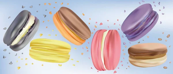 Samling färgglada macaroon i rörelse isolerad på blå bakgrund. Differend söta franska mandelbiskvier närbild. Fallande mandelbiskvier. Söt efterrätt. 3D vektor illustratör. — Stock vektor