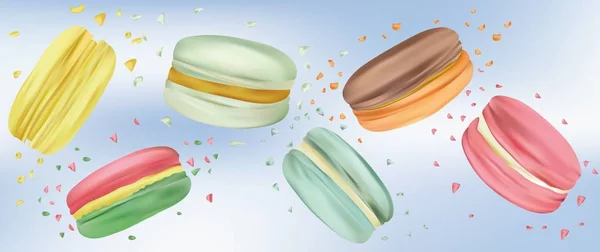 Collezione macaron colorato in movimento isolato su sfondo blu. Differiscono dolci macaron francesi da vicino. Macaron in caduta. Dolce dolce. Illustratore vettoriale 3d . — Vettoriale Stock