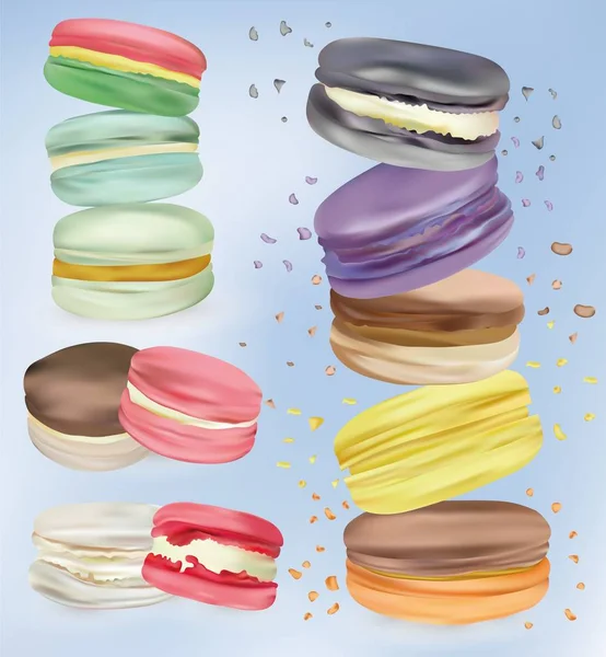 Macaron colorfulul realistico 3d che cade o vola. Differiscono i dolci amaretti francesi in movimento. Francia dolce deserto. Illustratore vettoriale — Vettoriale Stock