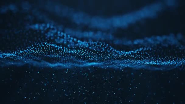 Fond abstrait de mouvement de particules brillantes, onde numérique, particules bleu étincelant. De belles particules flottantes bleues avec une lumière brillante tombent. Loopable 3D sans couture. 4K — Video