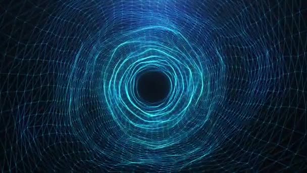 Agujero de gusano digital de movimiento abstracto, túnel que consta de partículas brillantes azules y líneas. Camino a través de la red digital hermosas partículas azules. Animación Loopable 3D 4K sin costuras — Vídeos de Stock