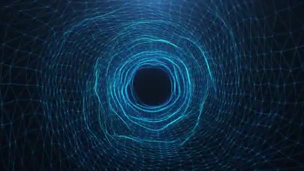 Trou de ver numérique à mouvement abstrait, tunnel composé de particules et de lignes étincelantes bleues. Chemin à travers le réseau numérique belles particules bleues. Animation 3D 4K Loopable sans couture — Video