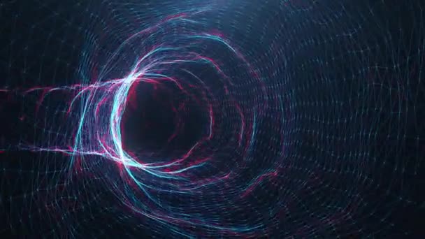 Абстрактна рухова цифрова червоточина, тунель, що складається з синьої та червоної ігристих частинок та ліній. Через цифрову мережу красиві блакитні та червоні частинки. Безшовна анімація Loopable 3D 4K — стокове відео