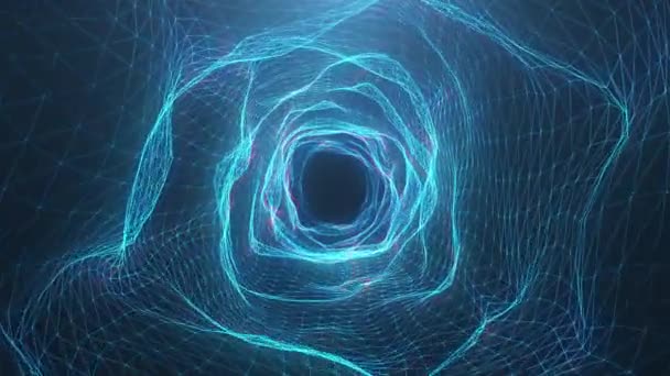 Agujero de gusano digital de movimiento abstracto, túnel que consta de partículas brillantes azules y líneas. Camino a través de la red digital hermosas partículas azules. Animación Loopable 3D 4K sin costuras — Vídeos de Stock