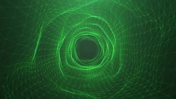 Abstract motion digital wormhole, tunnel consisting green sparkling particle and lines. Way through the digital network beautiful green particles. Seamless Loopable 3D 4K animation — Stock Video