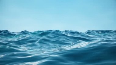 Deniz veya okyanus, dalgalar yakın çekim görünümü. Mavi dalgalar deniz suyu. Mavi kristal berraklığında su. Kumlu deniz tabanını görebilirsiniz. Deniz dalgası düşük açı görünümü. 3d 4k animasyon