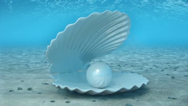 Perla dentro de una concha. Hermosa perla en el caparazón en el fondo del mar. Los rayos de luz solar que brillan desde arriba penetran en el agua azul clara y profunda. Efecto causal en el fondo marino. Los rayos de sol bajo el agua. 4K — Vídeos de Stock