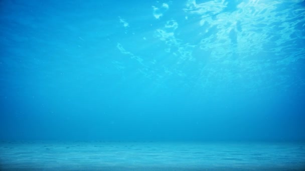 Промені сонячного світла, що світяться зверху, проникають у глибоку чисту блакитну воду. Каустичний ефект у морському шляху. Сонячні промені під водою. Маленькі бульбашки рухаються вгору. Безшовні петлі 3D анімації 4K — стокове відео