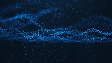 Parlayan parçacıkların soyut arka planı, dijital dalga, parıldayan mavi parçacıklar. Parlak ışık ile güzel mavi yüzen parçacıklar. 3d Rendering