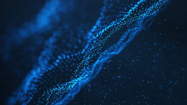 Abstrakt bakgrund av lysande partiklar, digital Wave, glittrande blå partiklar. Vackra blå flytande partiklar med glans ljus. 3D-rendering — Stockfoto