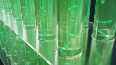 Laboratuvarda 3d İllüstrasyon biyoyakıt yağı araştırma, biyoyakıt kavramı. Test tüpü içindeki sıvıdaki bakteriler yakıt olarak. Biyoteknoloji. Cam şişeler. Laboratuvar araştırma konsepti. Test tüpleri