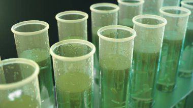 Laboratuvarda 3d İllüstrasyon biyoyakıt yağı araştırma, biyoyakıt kavramı. Test tüpü içindeki sıvıdaki bakteriler yakıt olarak. Biyoteknoloji. Cam şişeler. Laboratuvar araştırma konsepti. Test tüpleri