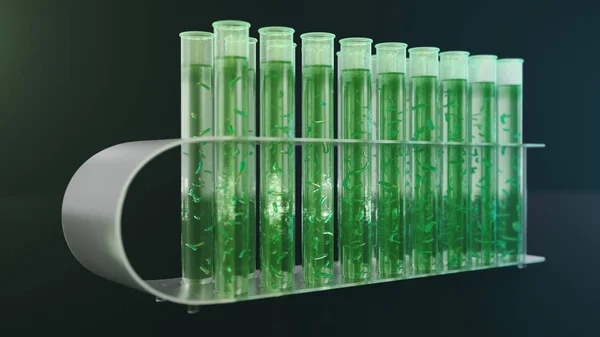 3D Illustration biofuel oil research in the laboratory, biofuel concept. Bacteria in the liquid inside the test tube as fuel. Biotechnology. Glassware flasks. Laboratory research concept. Test tubes