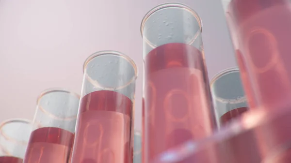 Научные лабораторные исследования Развитие медицинских технологий. Прорыв в биотехнологиях. Красная жидкость внутри пробирки в качестве топлива. Биотехнологии, стеклянные колбы. Тестовые трубы, 3D иллюстрация — стоковое фото