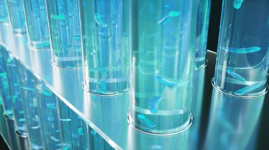 Laboratuvarda 3d İllüstrasyon biyoyakıt yağı araştırma, biyoyakıt kavramı. Test tüpü içindeki sıvıdaki bakteriler yakıt olarak. Biyoteknoloji. Cam şişeler. Laboratuvar araştırma konsepti. Test tüpleri