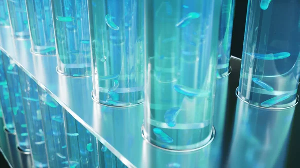 Laboratuvarda 3d İllüstrasyon biyoyakıt yağı araştırma, biyoyakıt kavramı. Test tüpü içindeki sıvıdaki bakteriler yakıt olarak. Biyoteknoloji. Cam şişeler. Laboratuvar araştırma konsepti. Test tüpleri