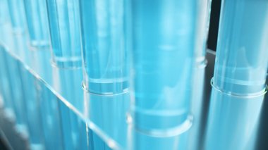 Bilim laboratuarı araştırmaları. Tıbbi teknolojinin geliştirilmesi. Biyoteknolojide bir atılım. Yakıt olarak test tüpü içinde mavi sıvı. Biyoteknoloji, cam şişeleri. Test tüpleri, 3d İllüstrasyon