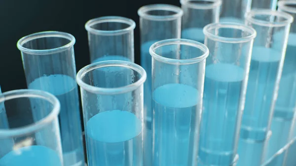 Science laboratory research. Development of medical technology. A breakthrough in biotechnology. Blue liquid inside the test tube as fuel. Biotechnology, glassware flasks. Test tubes, 3D Illustration