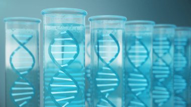 Test tüpü içindeki DNA'nın çift sarmal yapısı, Dna molekülü, Rna. Biyokimya kavramı, biyoteknoloji. Genom değişimi, 3d illüstrasyon