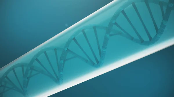 Διπλή ελικοειδή δομή του DNA μέσα στο δοκιμαστικό σωλήνα, μόριο DNA, RNA. Η ιδέα της βιοχημείας, της βιοτεχνολογίας. Αλλαγή γονιδιώματος, εικονογράφηση 3D — Φωτογραφία Αρχείου