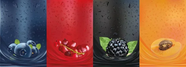 Fruitsap, Braambes, bosbes, abrikoos, rode bessen bessen. Vers fruit en groen met groen blad. Spatten met fruit. Zomer, de natuur, drinken, cocktail. 3D realistisch fruit close up. Vector — Stockvector