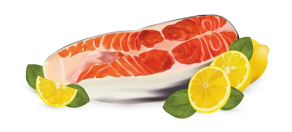 Salmón filete con limón y hoja verde. Marisco fresco, salmón de carne sobre fondo blanco. Rebanada de pescado rojo de cerca. Hermosa ilustración vectorial . — Vector de stock