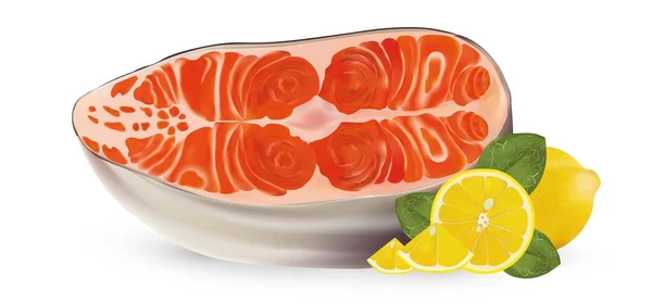 3d salmón filete realista con limón. Salmón de carne aislado de fondo blanco. Salmón con limón y hoja verde. Cortar pescado rojo. Salmón de carne fresca. Ilustración vectorial — Vector de stock