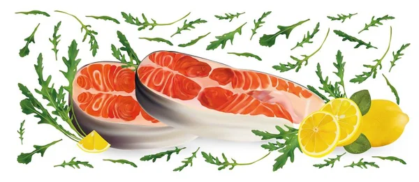 Лосось сырые стейки с зеленой руколой и лимоном. Красная рыба, деликатес. Филе, стейк свежего лосося. Салат и морепродукты. 3D-векторная иллюстрация на белом фоне . — стоковый вектор