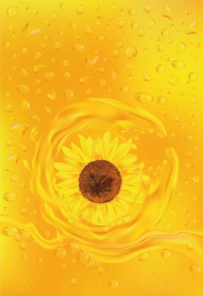 Aceite de girasol. Flor realista 3D. Girasol sobre fondo amarillo. Salpicaduras y gotas doradas. Ilustración vectorial — Vector de stock
