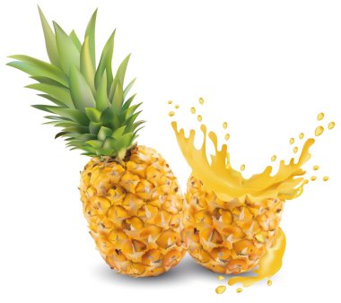 Ananas suyu, yakın plan. Taze ananas suyu. Beyaz arka planda ananas lekesi. Vektör grafikleri. Gerçekçi ananas..