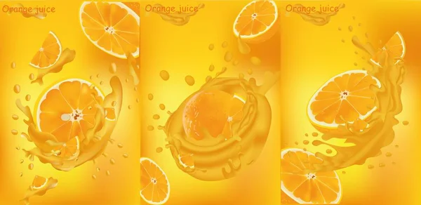 Orange juice close-up. Fresh orange juice. Splashes with orange. Vector graphics.