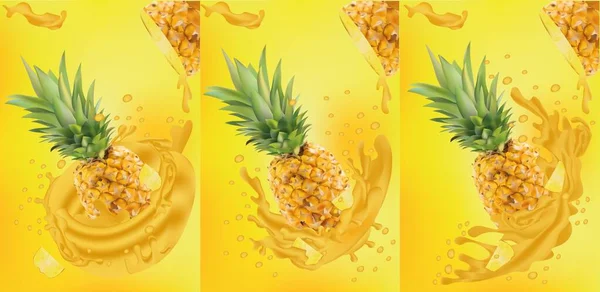 Ananassaft aus nächster Nähe. frischer Ananassaft. spritzt mit Ananas. Vektorgrafik. — Stockvektor