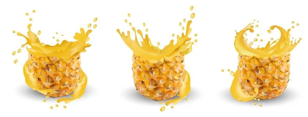 Primo piano del succo d'ananas. Succo d'ananas fresco. Spruzzare con ananas su fondo bianco. Grafica vettoriale . — Vettoriale Stock