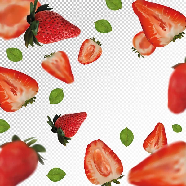 Jordgubbsbakgrund. Flygande jordgubbar med grönt löv på transparent bakgrund. 3D realistiska frukter. Fallande jordgubbar är hela och halverade. Vektorillustration — Stock vektor