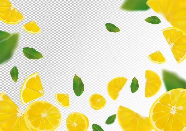 Citrónové pozadí. Létající citron se zeleným listem na průhledném pozadí. 3D realistické ovoce. Citron padající z různých úhlů. Vektorová ilustrace. — Stockový vektor