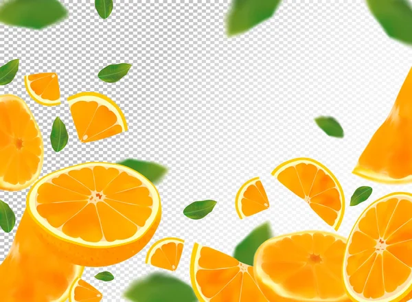 Orange bakgrund. Flygande orange med grönt blad på transparent bakgrund. 3D realistiska frukter. Orange faller från olika vinklar. Rörelseapelsinfrukter är hela och halverade. Vektor — Stock vektor