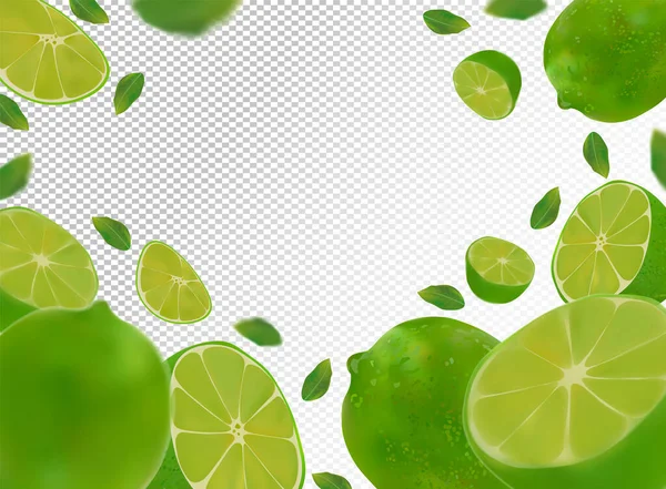Uppsättning färsk syrlig lime med gröna blad.Fallande lime på transparent bakgrund. Flygande kalkfrukter är hela och halverade. Vektorillustration. — Stock vektor