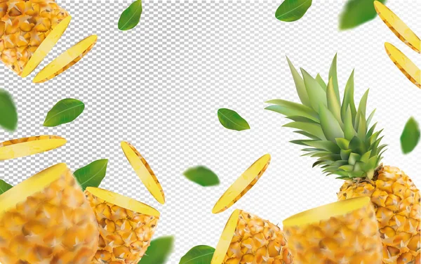3D realistyczny ananas z zielonym liściem. Świeży ananas w ruchu. Piękne ananasowe tło. Spadające owoce ananasowe są całe i przecięte na pół. Ilustracja wektora. — Wektor stockowy
