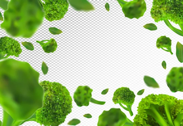 Broccoli achtergrond. Vliegende verse broccoli kool met groen blad op transparante achtergrond. 3D realistische groenten. Vallende broccoli. Natuurproduct. Vectorillustratie — Stockvector